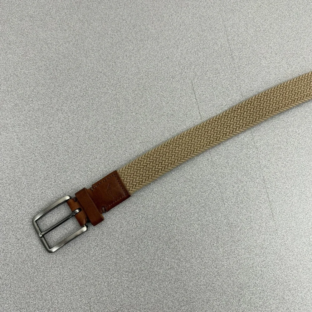 Tommy Bahama Elastic Belt Mens S/M Tan Silver Buckle Brown Leather Stretch 1.25